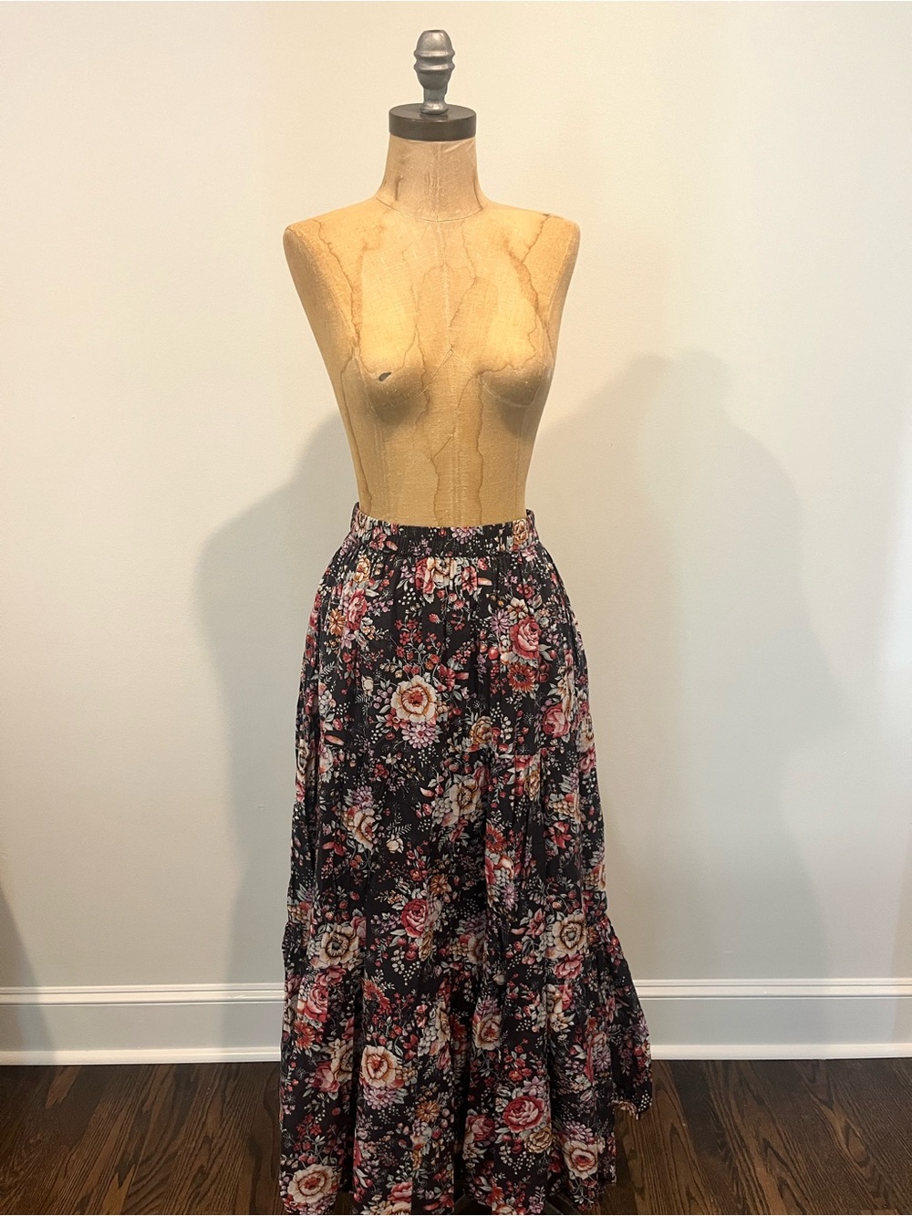 Mille Resort and Travel Floral Tiered Maxi Skirt - Black with Pink & Cream Flora